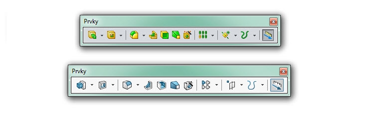 Porovnání vizuálního stylu na ikonách v SOLIDWORKSu 2015 (nahoře) a SOLIDWORKSu 2016