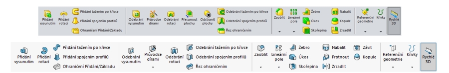 Srovnání vizuálního stylu na ikonách v SOLIDWORKSu Education Edition 2015–16 (nahoře) a SOLIDWORKSu Education Edition 2016–17