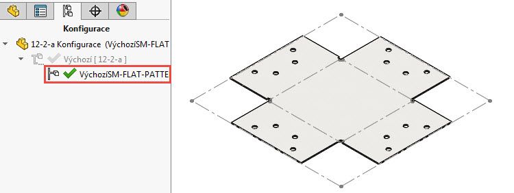 Konfigurace VýchozíSM-FLA-PATTERN (rozvinutý tvar; ve FeatureManageru je prvek Rozvinutý tvar je uvolněný; tlačítko Rozvinout v CommandManageru je stištěné)