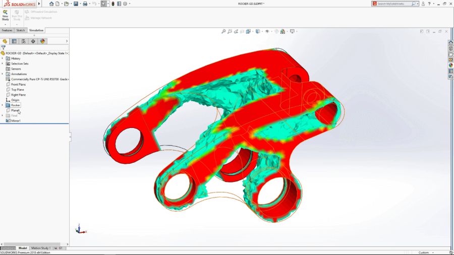 Grafické zobrazení výsledků generativního návrhu v SOLIDWORKS Simulation (Complete SOLIDWORKS Integration with SIMULATION View)