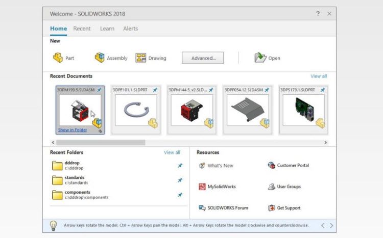 Nové úvodní okno (New SOLIDWORKS Home screen) bude obsahovat tlačítka pro založení nových dokumentů včetně grafického náhledu nedávno otevřených dokumentů, navštívených složek a zdrojů informací