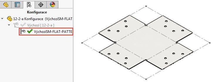 Konfigurace VýchozíSM-FLA-PATTERN (rozvinutý tvar; ve FeatureManageru je prvek Rozvinutý tvar je uvolněný; tlačítko Rozvinout v CommandManageru je stištěné)