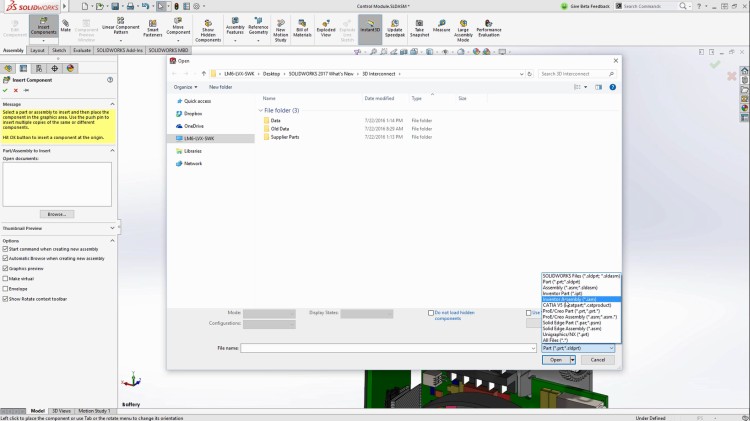 Dialogové okno Otevřít v SolidWorksu 2017 obsahuje výběr datových formátů externích CAD řešení
