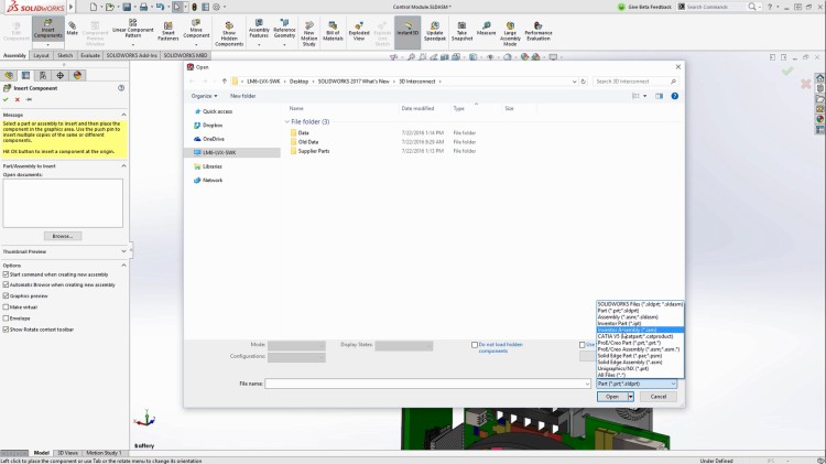 Dialogové okno Otevřít v SolidWorksu 2017 obsahuje výběr datových formátů externích CAD řešení